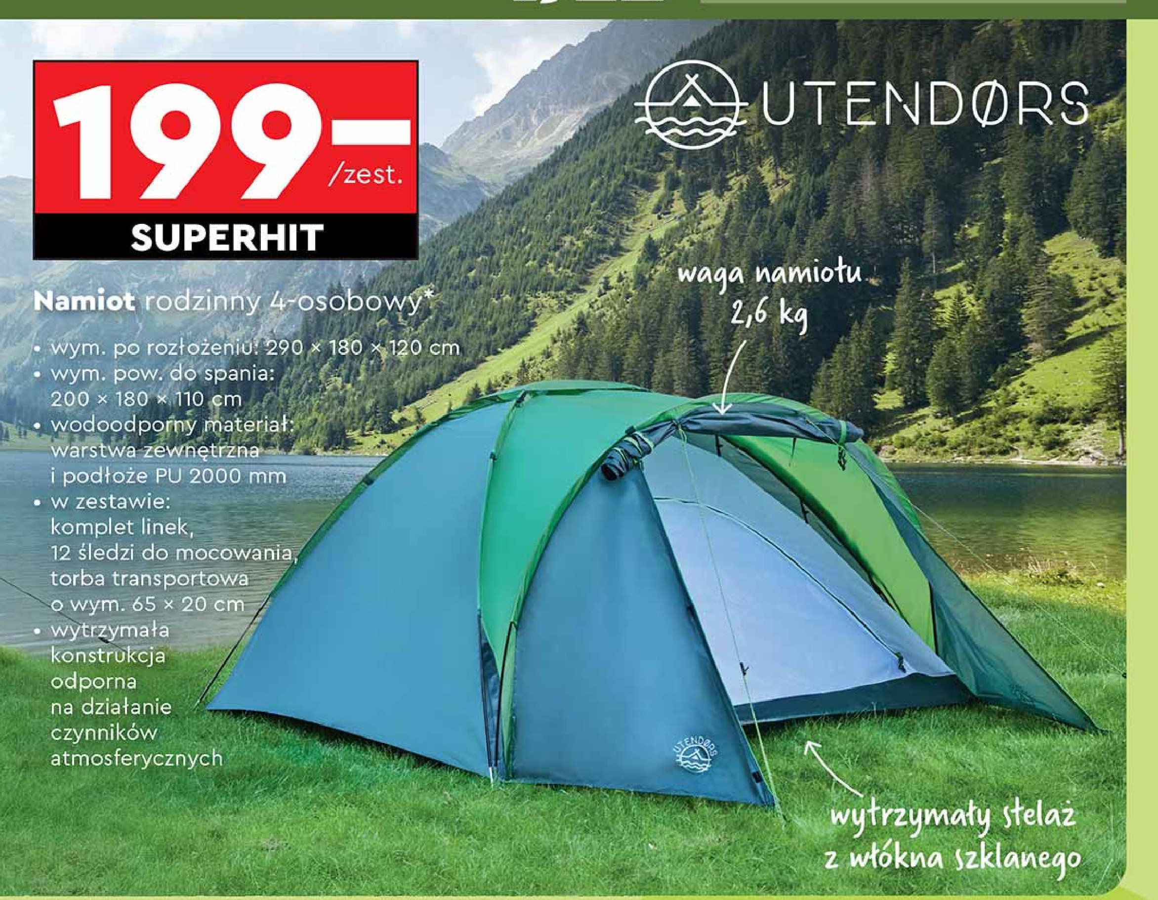 Namiot 4 osobowy 290 x 180 x 120 cm Utendors promocja w Biedronka