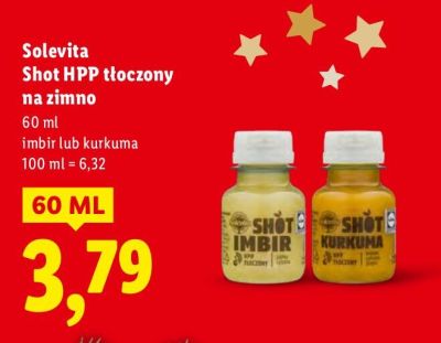 Shot Solevita HPP tłoczony na zimno, imbir lub kurkuma promocja w Lidl