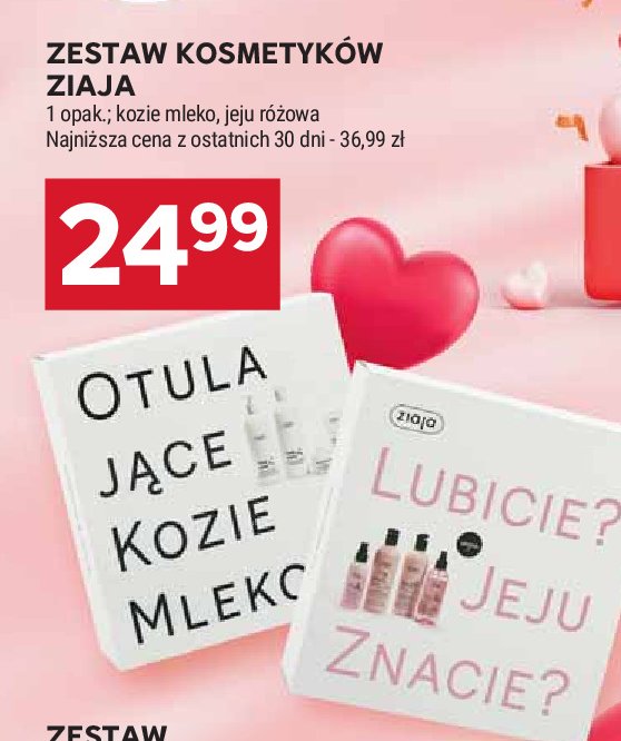 Zestaw w pudełku jeju różowy: mydło pod prysznic 300 ml + szampon do włosów 300 ml + mgiełka do twarzy i ciała 200 ml + odżywka do włosów 125 ml Ziaja zestaw promocja w Stokrotka