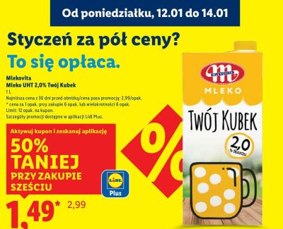 Mleko UHT Mlekovita Twój Kubek 2,0% promocja w Lidl