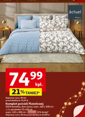 Komplet pościeli flanelowej 100% bawełna, dwa wzory, wym.: 160 x 200 cm + 2 x poszewka 70 x 80 cm promocja w Auchan