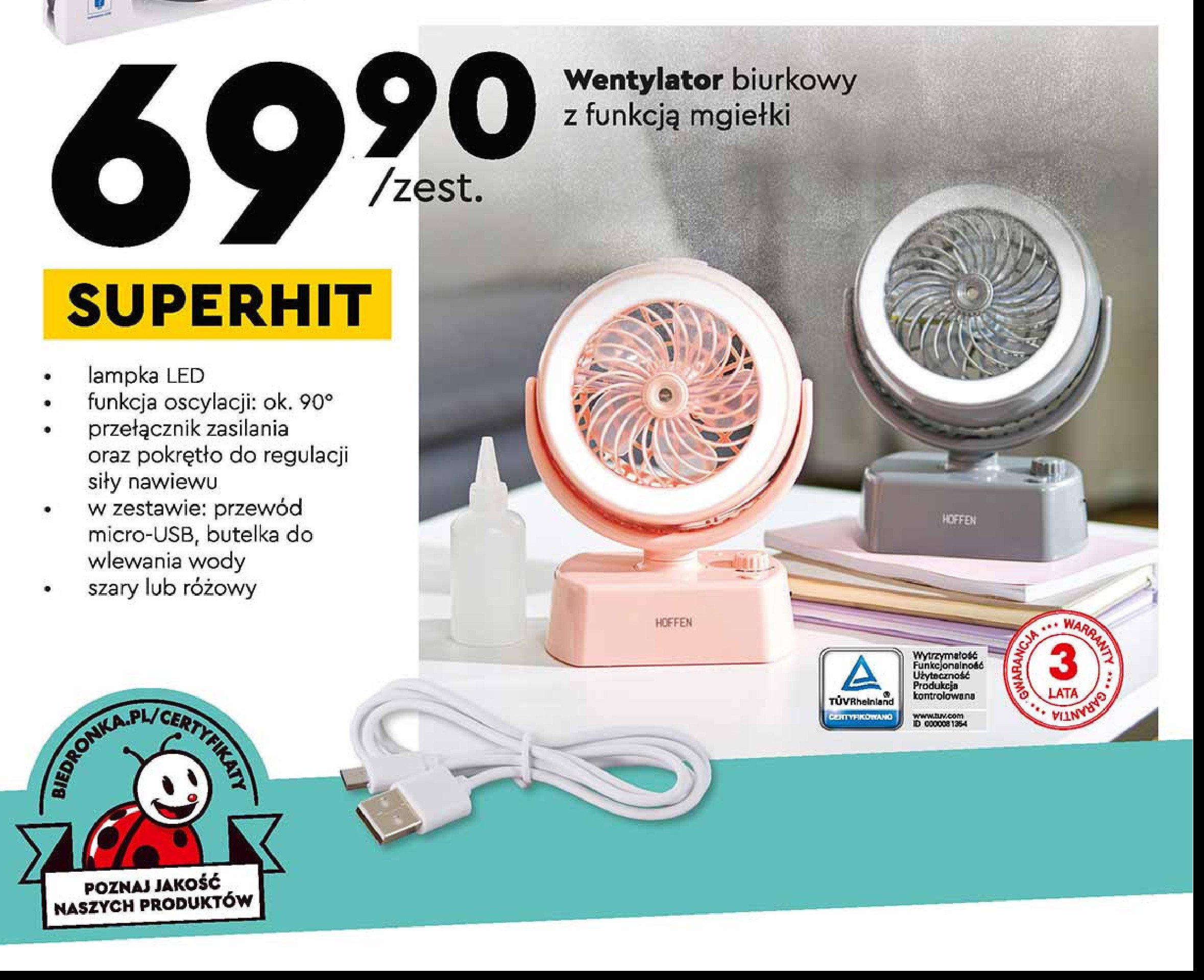 Wentylator z funkcją mgiełki różowy Hoffen promocja