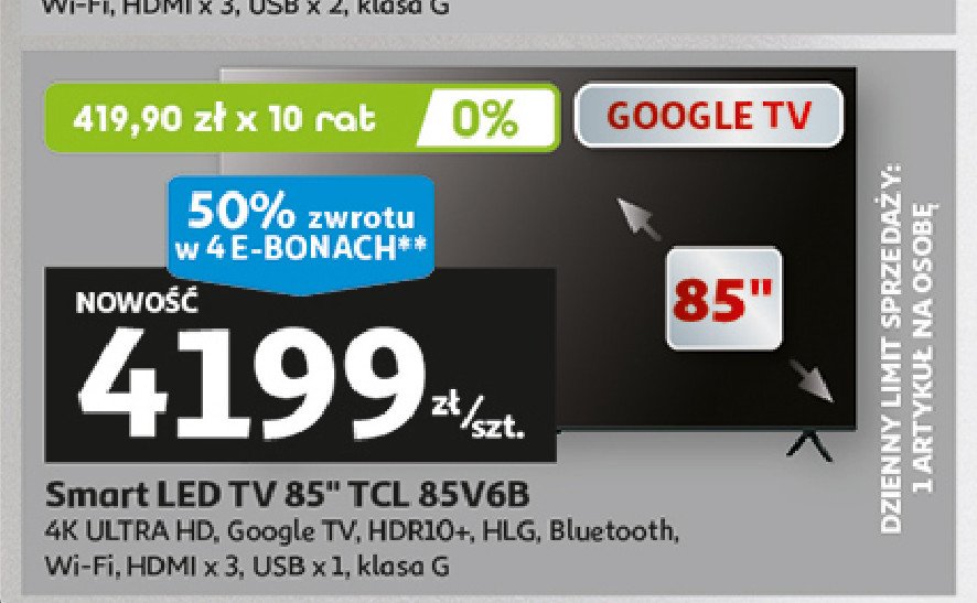 Telwizor 85'' 85v6b Tcl promocja