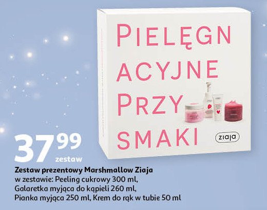 Zestaw w pudełku marshmallow: peeling cukrowy 300 ml + galaretka myjąca do kąpieli 260 ml + pianka myjąca 250 ml + krem do rąk 50 ml Ziaja zestaw promocja w Auchan