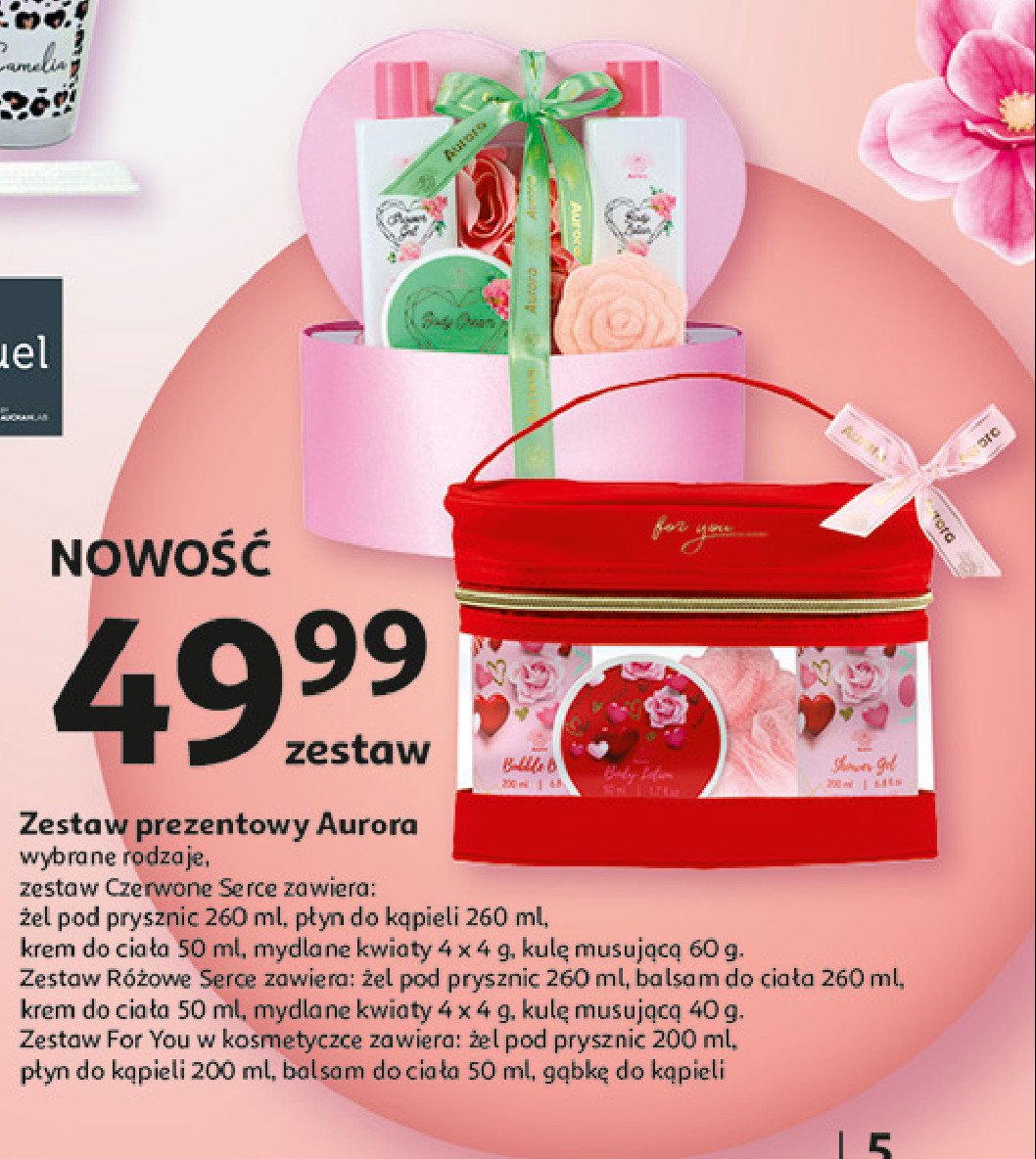 Zestaw w pudełku serce: żel pod prysznic 260 ml + pianka do kąpieli 260 ml + kula musująca 60 g + krem do ciała 50 ml + kwiaty mydlane 4x 4 g Aurora promocja w Auchan