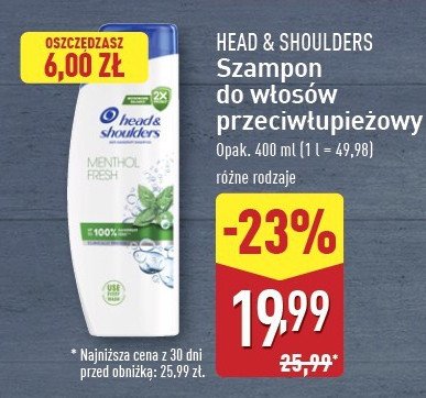 Szampon do włosów mentol fresh Head&shoulders promocja w Aldi