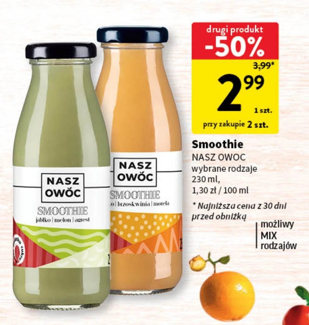 Smoothie jabłko-gruszka-agrest NASZ OWOC promocja w Intermarche