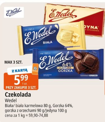 Czekolada Wedel biała/biała karmelowa/gorzka 64%/gorzka z orzechami promocja w Leclerc