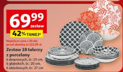 Zestaw 18 talerzy z porcelany 6 deserowych, śr. 19 cm, 6 głębokich, śr. 20 cm, 6 obiadowych, śr. 27 cm promocja w Auchan