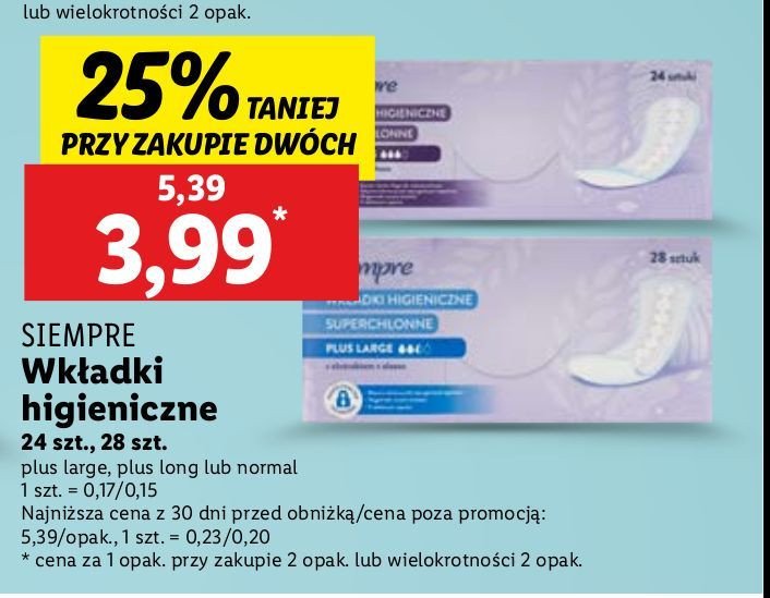 Wkładk chłonne normal Siempre promocja w Lidl