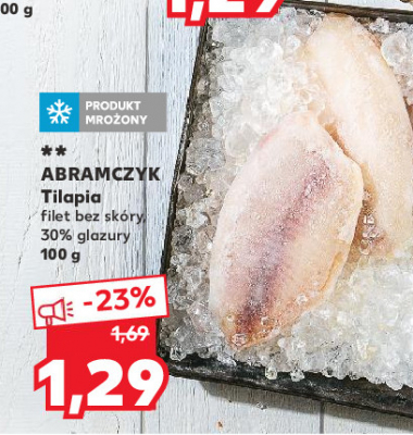 Tilapia filet bez skóry 30% glazury Abramczyk promocja w Leclerc