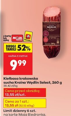 Kiełbasa krakowska sucha Kraina Wedlin Select promocja w Biedronka