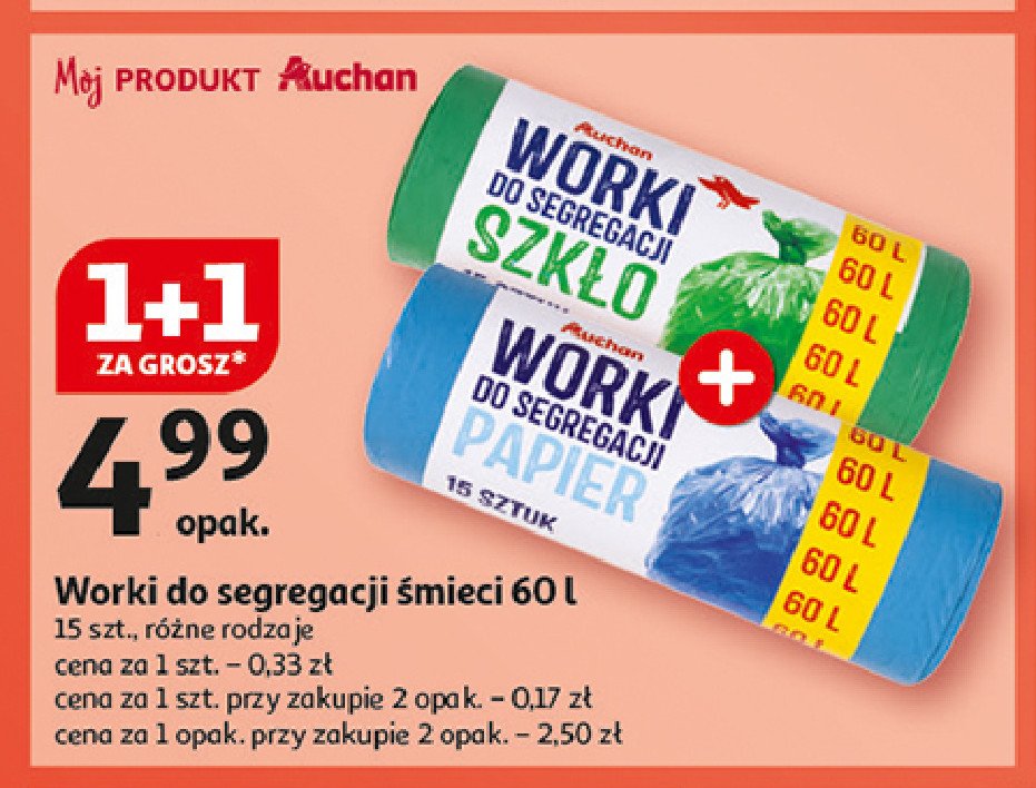 Worki do segregacji odpadów szkło 60 l Auchan różnorodne (logo czerwone) promocja w Auchan