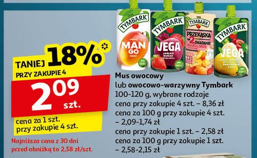 Mus jabłko-gruszka-biała marchew-pasternak-banan Tymbark vega promocja w Auchan