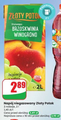 Napój niegazowany Złoty Potok brzoskwinia winogrono promocja w Dino