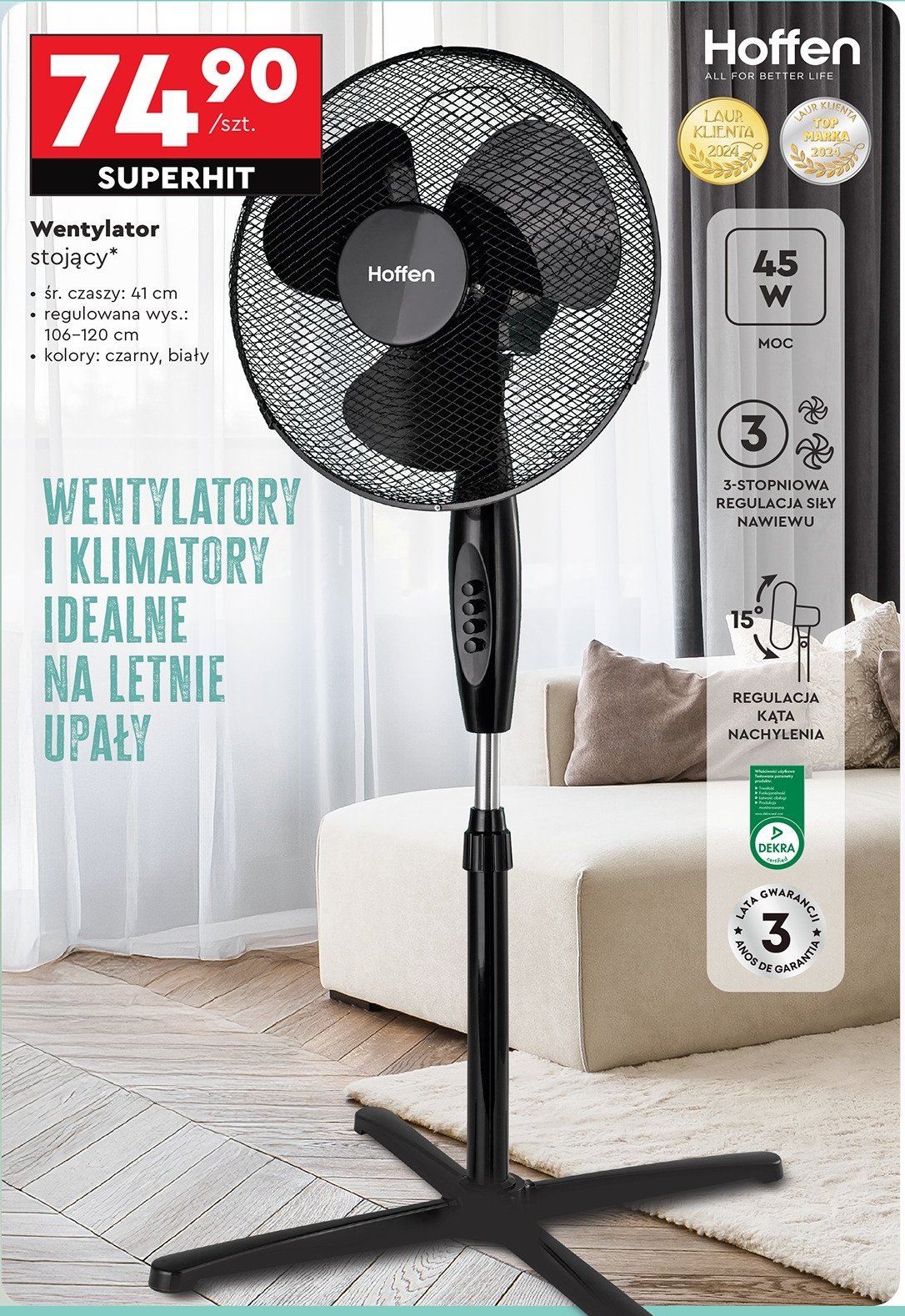 Wentylator stojący 45 w biały Hoffen promocja w Biedronka