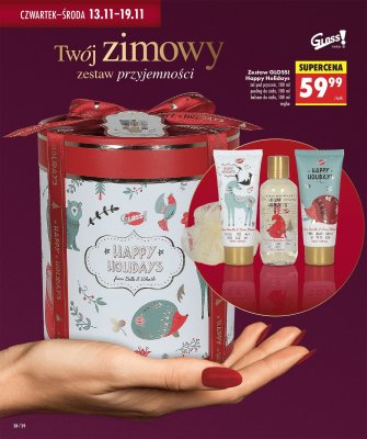 Zestaw Happy Holidays: żel pod prysznic, peeling do ciała, balsam do ciała, myjka promocja w Biedronka
