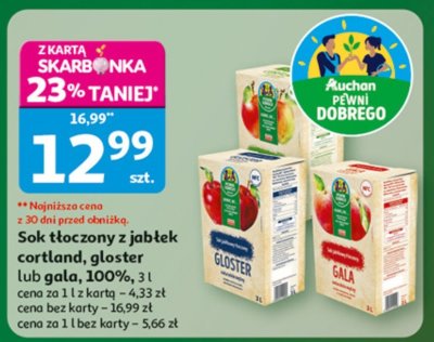 Sok tłoczony z jabłek cortland, gloster lub gala, 100%, 3 L promocja w Auchan