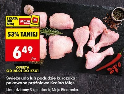 Świeże udo lub podudzie kurczaka pakowane próżniowo promocja w Biedronka