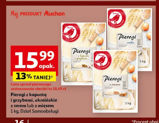 Pierogi z kapusta i grzybami Auchan różnorodne (logo czerwone) promocja w Auchan