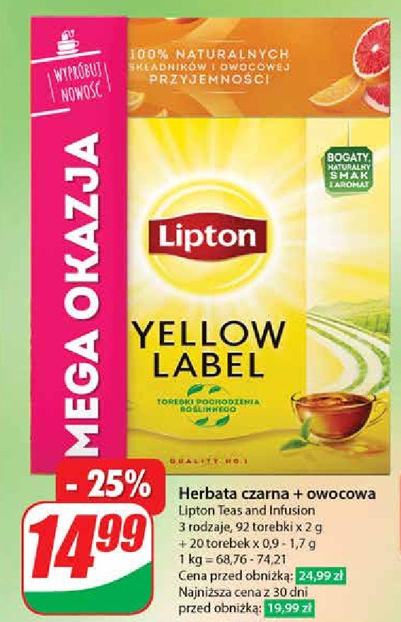 Zestaw herbat: yellow label 92 szt + herbata grejpfruit i pomarańcza 20 szt Lipton zestaw herbat promocja w Dino