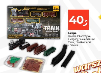 Kolejka zawiera lokomotywę, 4 wagony, 14 elementów torów, 7 znaków oraz 2 drzewa promocja w Dealz