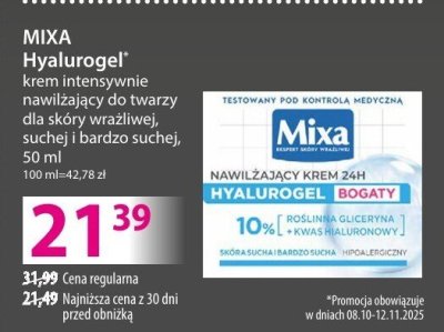 Krem nawilżający MIXA Hyalurogel, intensywnie nawilżający do twarzy, z kwasem hialuronowym, suchej i bardzo suchej, 50 ml promocja w Hebe