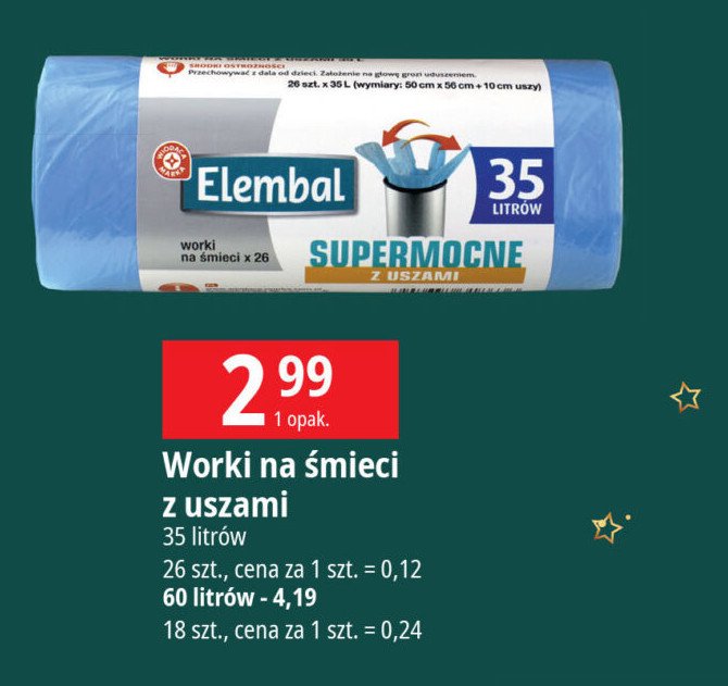 Worki na śmieci supermocne z uszami 35 l Wiodąca marka elembal promocja w Leclerc