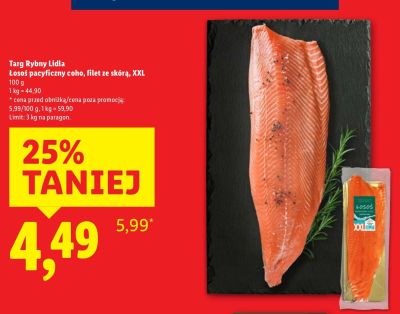 Ryba Łosoś pacyficzny coho, filet ze skórą XXL Targ Rybny Lidla promocja w Lidl