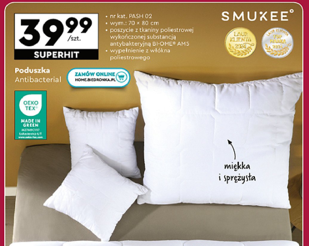 Poduszka antibacterial 70 x 80 cm Smukee home promocja