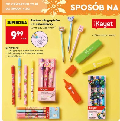 Zestaw długopisów lub zakreślaczy wymazywalnych Kayet promocja w Biedronka
