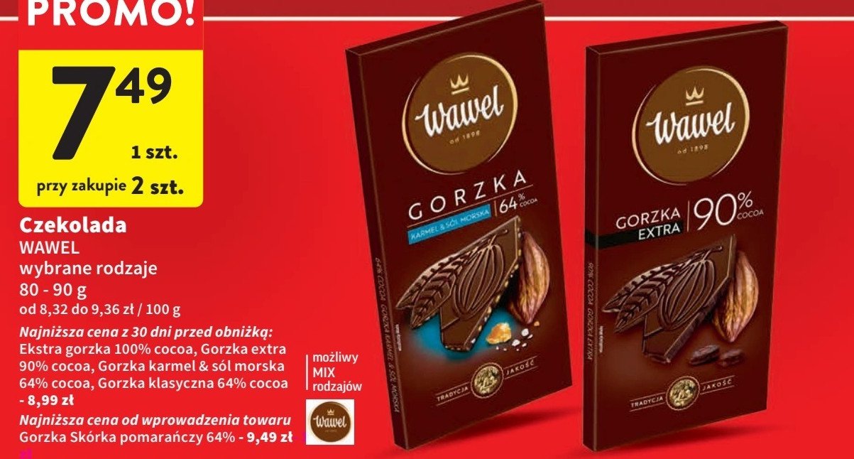 Czekolada gorzka 100 % Wawel dark promocja w Intermarche