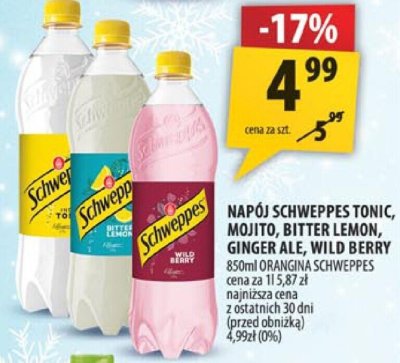 Napój Schweppes Tonic, Mojito, Bitter Lemon, Ginger Ale, Wild Berry promocja w Arhelan