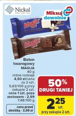 Baton twarogowy MAGIJA 40g różne rodzaje 4,50zł/cena za 2 szt, 5,63/100g przy zakupie 2 szt. cena 1 szt. poza zestawem - 2,61 zł 7,48/100g promocja w Carrefour