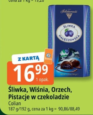 Śliwka, Wiśnia, Orzech, Pistacje w czekoladzie Colian promocja w Leclerc