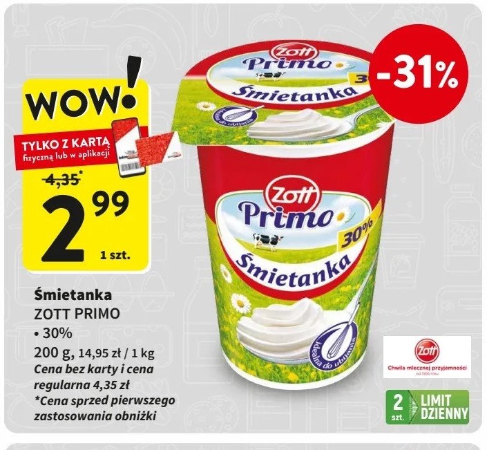 Śmietanka 30 % Zott primo promocja w Intermarche