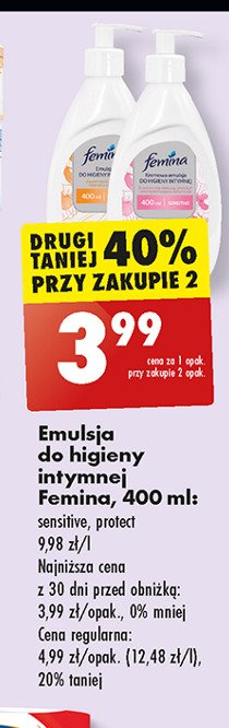 Kremowa emulsja do higieny intymnej sensitive pompka Femina intimea promocja