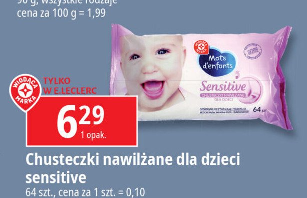 Chusteczki nawilżane sensitives Wiodąca marka mots d'enfants promocja w Leclerc