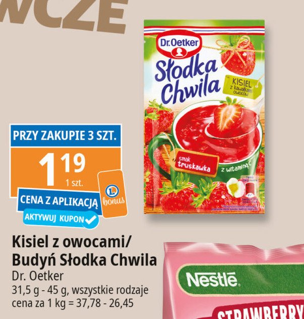 Kisiel truskawkowy z kawałkami owoców Dr. oetker słodka chwila promocja w Leclerc