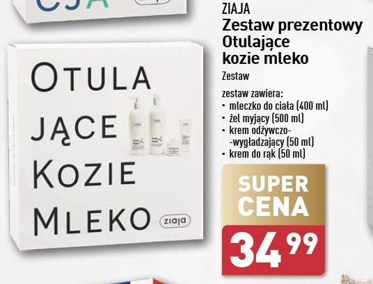 Zestaw w pudełku kozie mleko: mydło pod prysznic 500ml  + mleczko do ciała 400ml + krem do rąk 80ml + krem do twarzy 50ml Ziaja zestaw promocja w Aldi