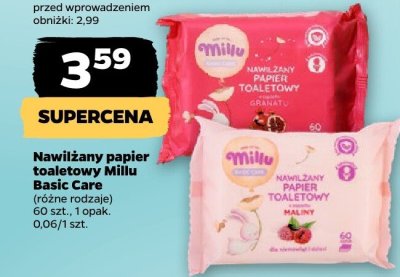 Nawilżany papier toaletowy Millu Basic Care różne rodzaje 60 szt. promocja w Netto