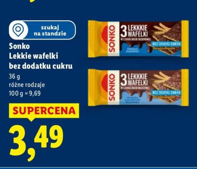 Sonko Lekkie wafelki bez dodatku cukru różne rodzaje promocja w Lidl