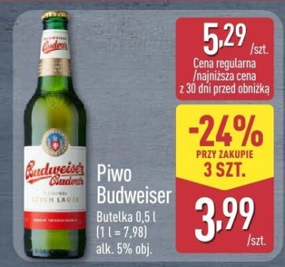 Piwo Budweiser butelka 500 ml alk. 5% promocja w Aldi