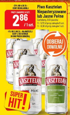 Piwo Kasztelan Niepasteryzowane lub Jasne Pełne Kompania Piwowarska 0,5 l puszka promocja w POLOmarket