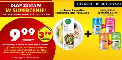 Zestaw: lunchbox z kurczakiem i mozzarellą + napój Oshee sparkling, 330 ml różne rodzaje promocja w Biedronka