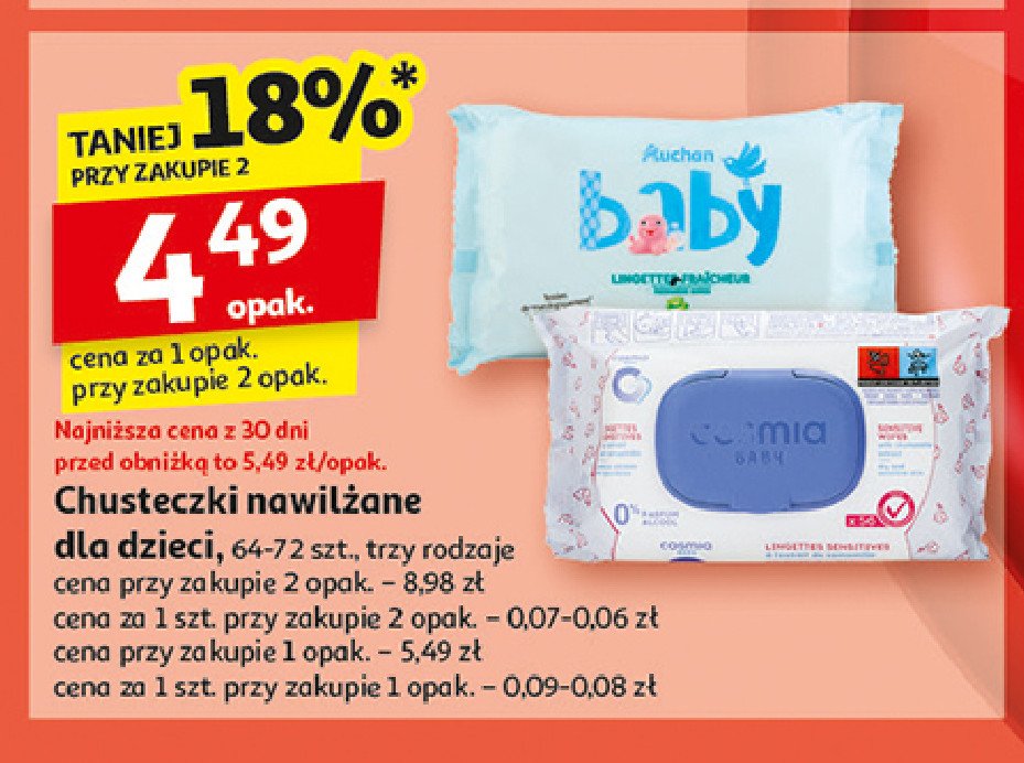 Chusteczki nawilżane sensitive Auchan baby promocja w Auchan