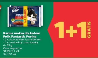Karma mokra dla kotów Felix Fantastic Purina z kurczakiem i pomidorami, z wołowiną i marchewką promocja w Netto