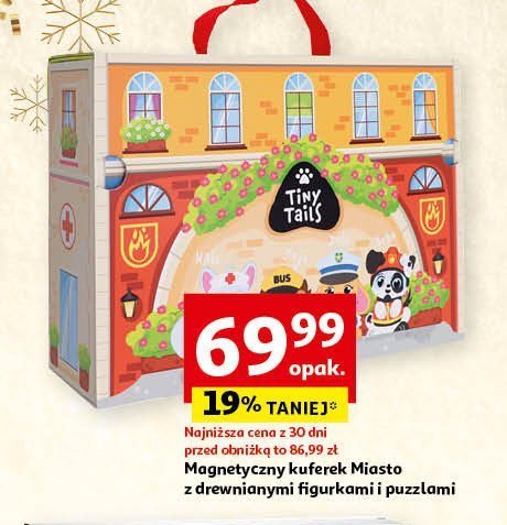 Kuferek z drewnianymi figurkami i puzzlami promocja w Auchan