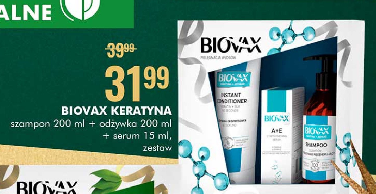 Zestaw w pudełku keratyna szampon do włosów 200 ml + odżywka do włosów 200 ml + serum do włosów 15 ml Biovax zestaw promocja