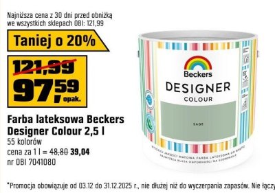 Farba lateksowa Beckers Designer Colour 2,5 l 55 kolorów promocja w OBI